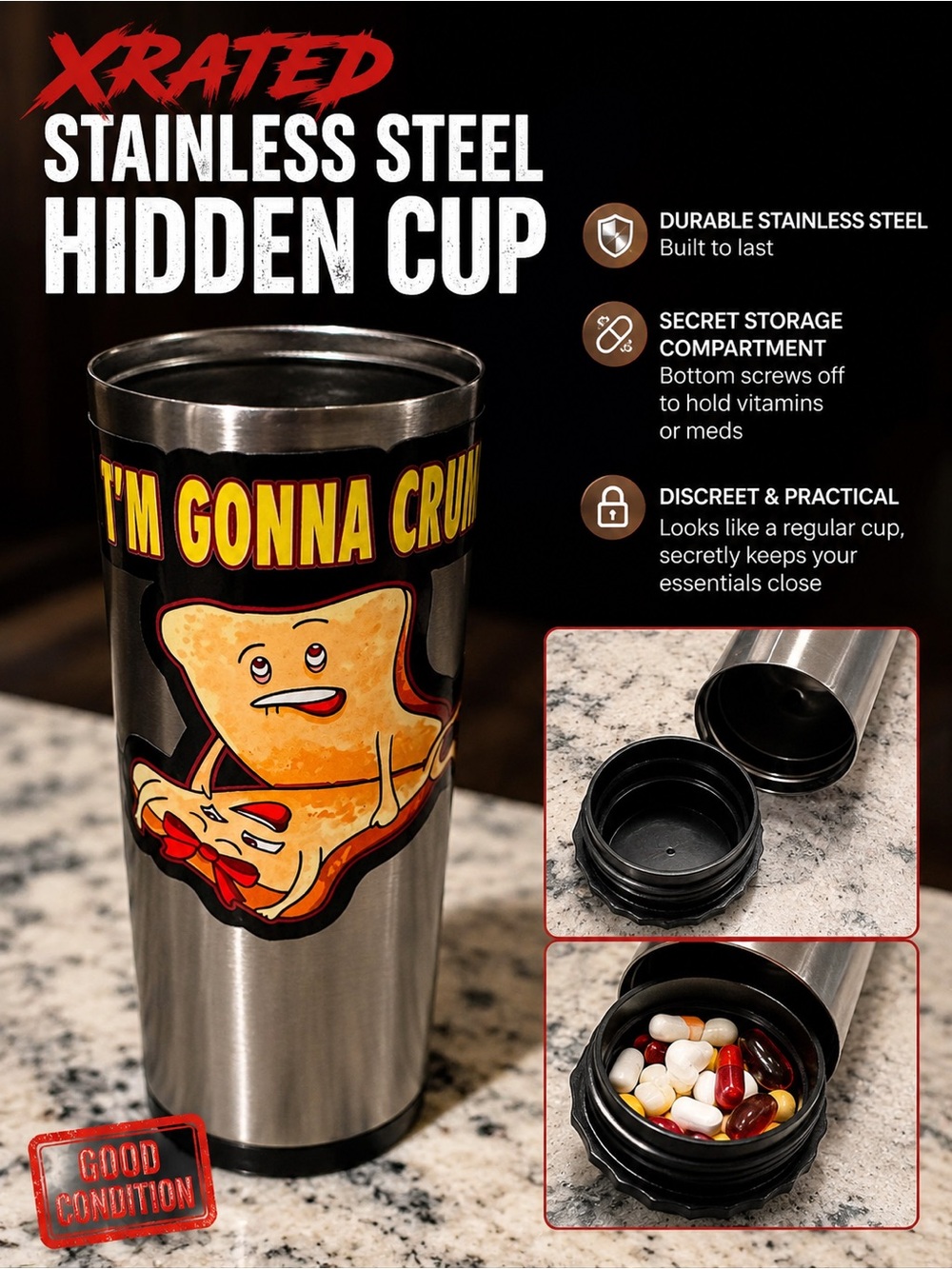 XRATED Stainless Steel Hidden Cup - Silver with Yellow Graphic